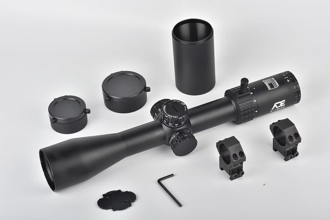 ADE ProZoom 4-16x44 Riflescope 30mm tube with Scope Mounts, Flip Up Covers and Throw Lever