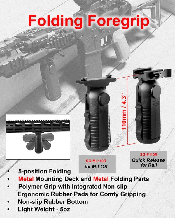 Tactical Quick Release 5-Position Foregrip with Egonomic Rubber Finger Grip pad for Picatinny/Weaver Pail - 4.5" Medium Height SG-F110R
