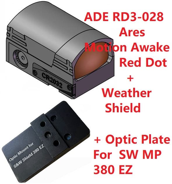 Ade Advanced Optics ARES Pro RD3-028PRO Motion Awake Red Dot + Weather Shield + Optic Mounting Plate for Smith Wesson SW MP 380 Shield EZ Pistol + Standard Picatinny Mount